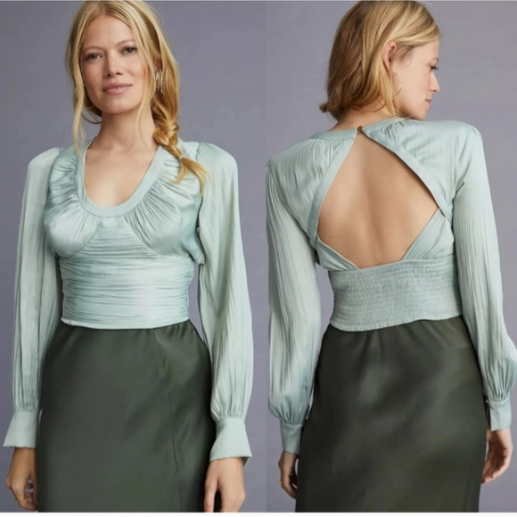 Anthropologie Smocked Blouson Sleeve Blouse Sage Green Open Back Satin Party L - Picture 1 of 16